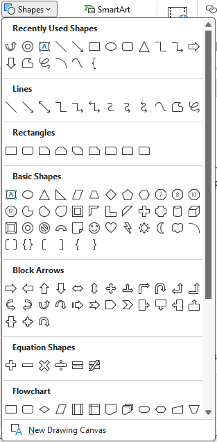 Insert shapes menu on ribbon in Word